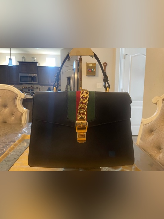 Gucci Handbags - Gucci Sylvia Purse Black Leather Top Handle with Green-Red Web and Gold Hardware